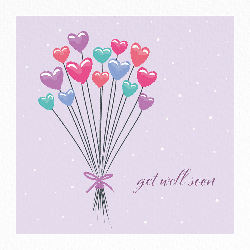 A square greeting card design with a bouquet of heart-shaped balloons in pink, purple, teal, and blue tied with a purple bow, on a light lavender background with small white speckles and the words 'get well soon' in script.