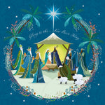 Front cover of the Arthritis UK Christmas Card 'Glory Be' featuring the visitors to the manger against a decorative deep blue background, and the text 'Glory to the New Born King'. 