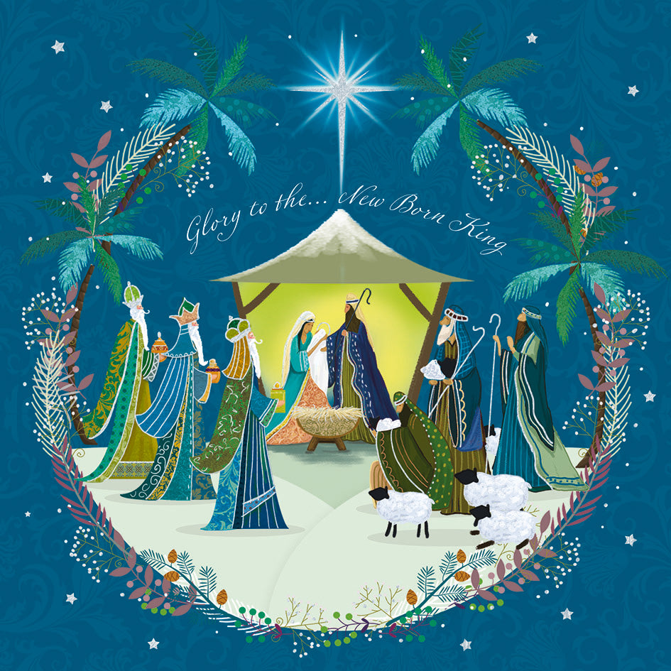 Front cover of the Arthritis UK Christmas Card 'Glory Be' featuring the visitors to the manger against a decorative deep blue background, and the text 'Glory to the New Born King'. 