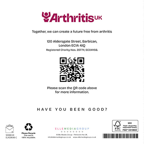 Back cover Arthritis UK Christmas card, including the phrase 'Together, we can create a future free from arthritis' and a QR code linking to arthritis-uk.org.