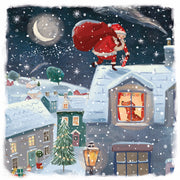 Front cover of the Arthritis UK Christmas Card 'I Saw Santa' featuring Santa climbing across snow-covered rooftops, and a dog in a window watching. 