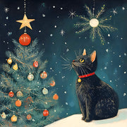 Front cover of the Arthritis UK Christmas Card 'I Want That Star' featuring a black cat gazing at a star atop a decorated Christmas tree. 