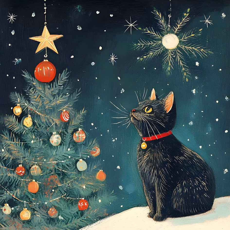 Front cover of the Arthritis UK Christmas Card 'I Want That Star' featuring a black cat gazing at a star atop a decorated Christmas tree. 