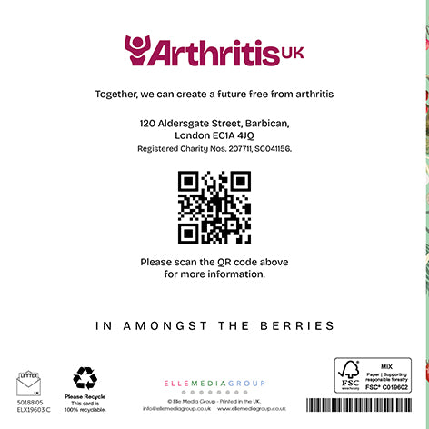 Back cover Arthritis UK Christmas card, including the phrase 'Together, we can create a future free from arthritis' and a QR code linking to arthritis-uk.org.