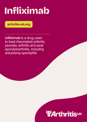 Arthritis UK Infliximab Information booklet cover, reading: Infliximab is a drug used to treat rheumatoid arthritis and axial spondylarthritis.