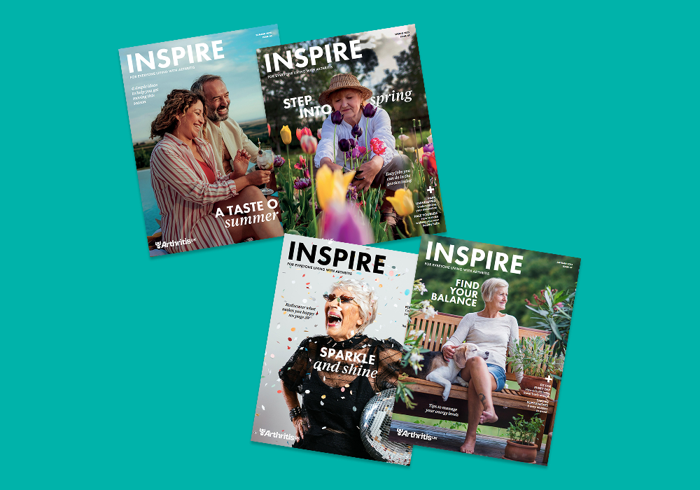 Four issues of 'INSPIRE' magazine on a teal background