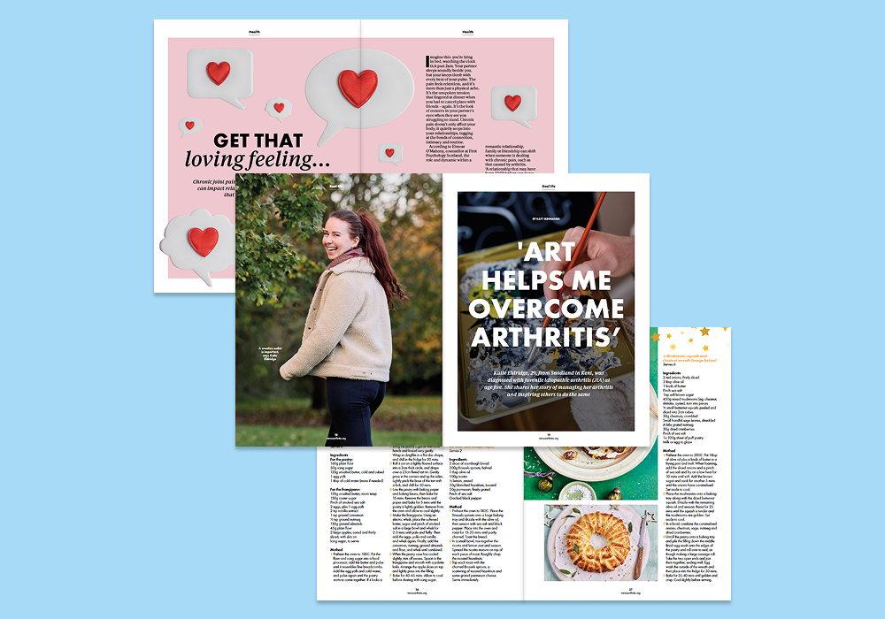 Inspire magazine layout with articles on a blue background