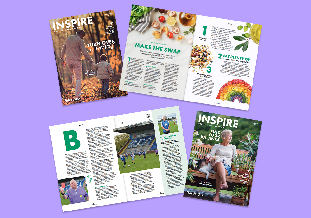 Inspire magazine spreads with articles on a purple background