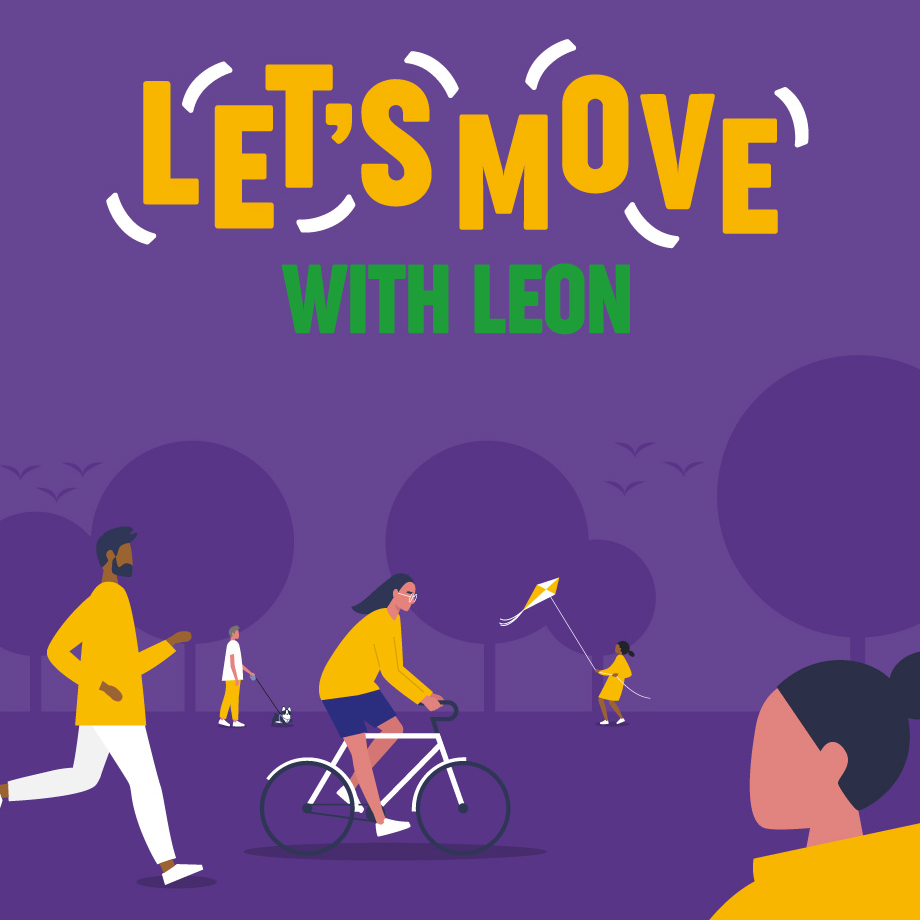 DVD cover for 'Let's Move with Leon' featuring people exercising outdoors on a purple background.