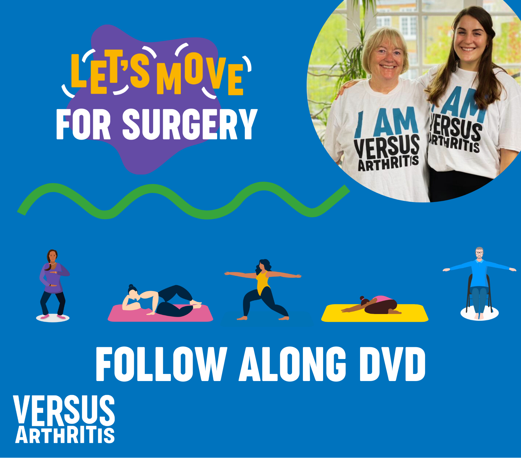 DVD cover for 'Let's Move for Surgery Follow Along' DVD, featuring illustrations of people exercising and a photo of two women.
