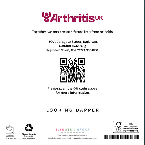 Back cover Arthritis UK Christmas card, including the phrase 'Together, we can create a future free from arthritis' and a QR code linking to arthritis-uk.org.