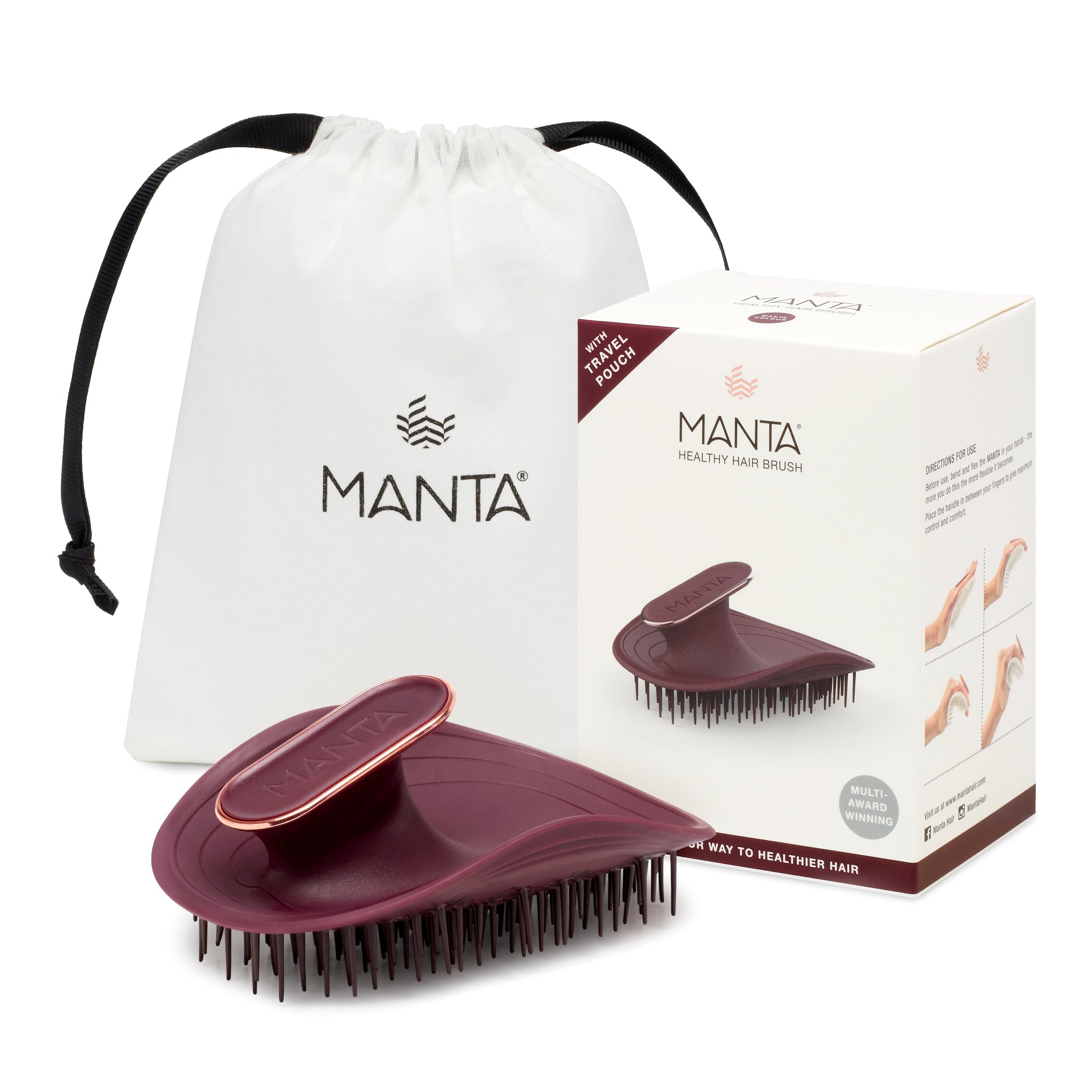 MANTA easy grip brush in burgundy and rose gold, with packaging and storage bag. 