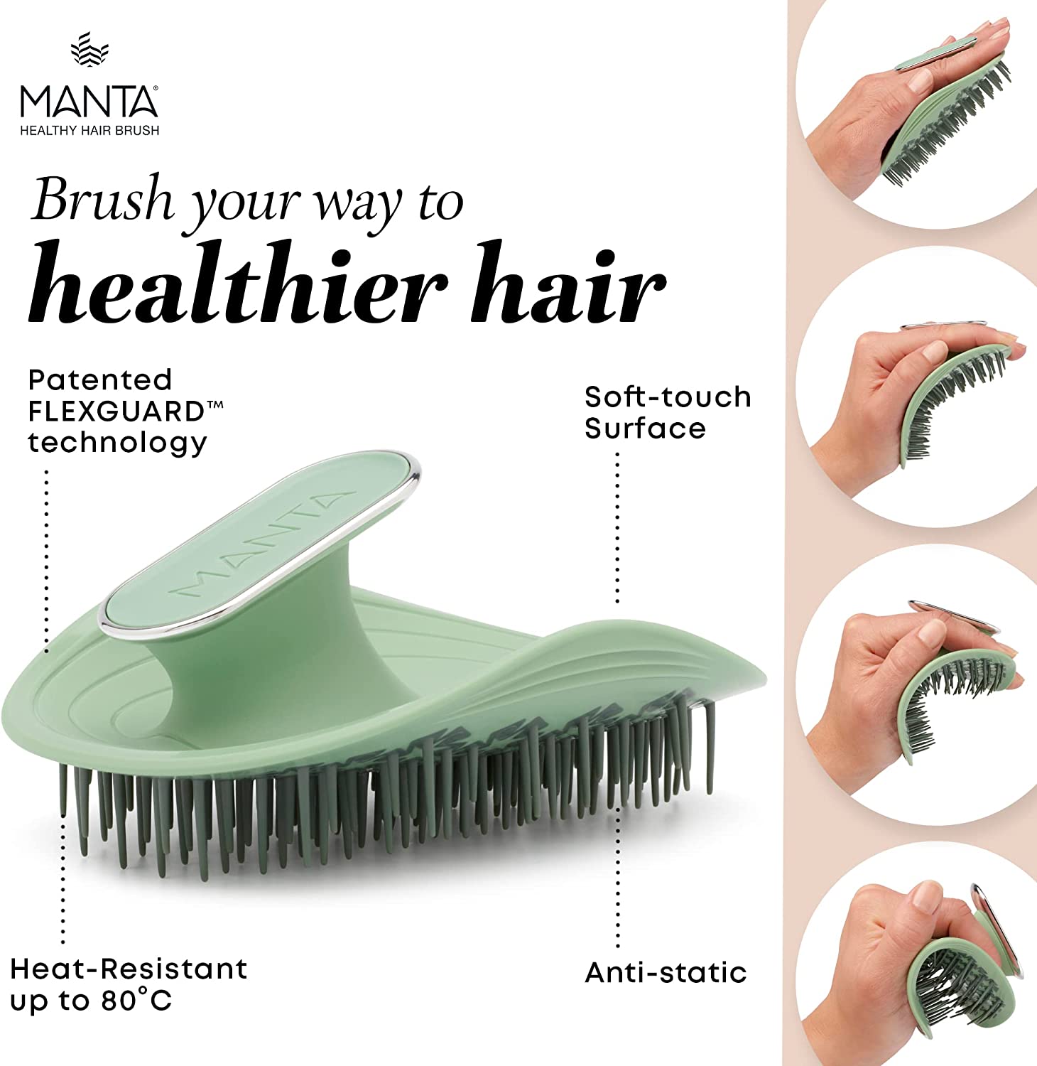 Manta hairbrush in green with flex guard, soft touch, heat resistance and anti-static features highlighted on a white background.