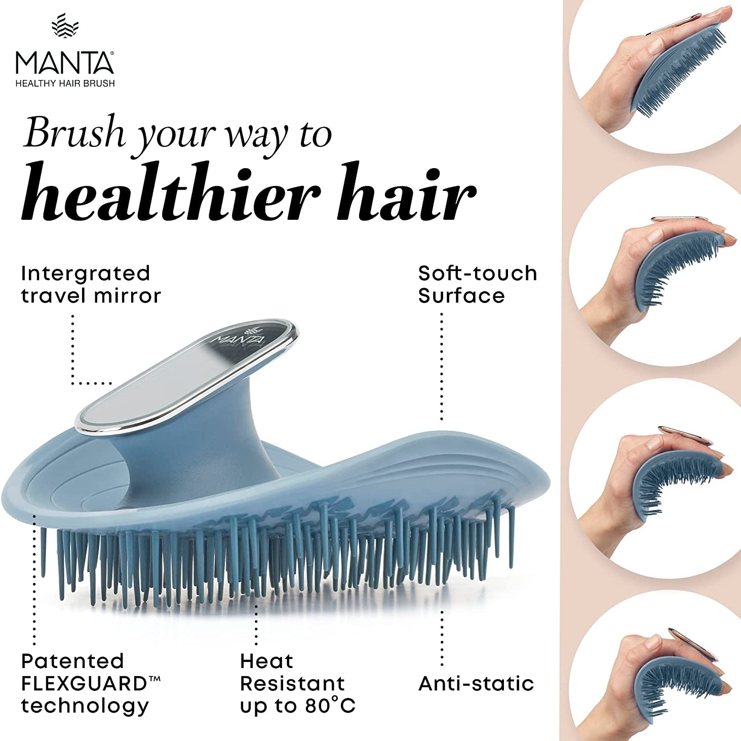 Manta mirror hairbrush with features highlighted on a white background