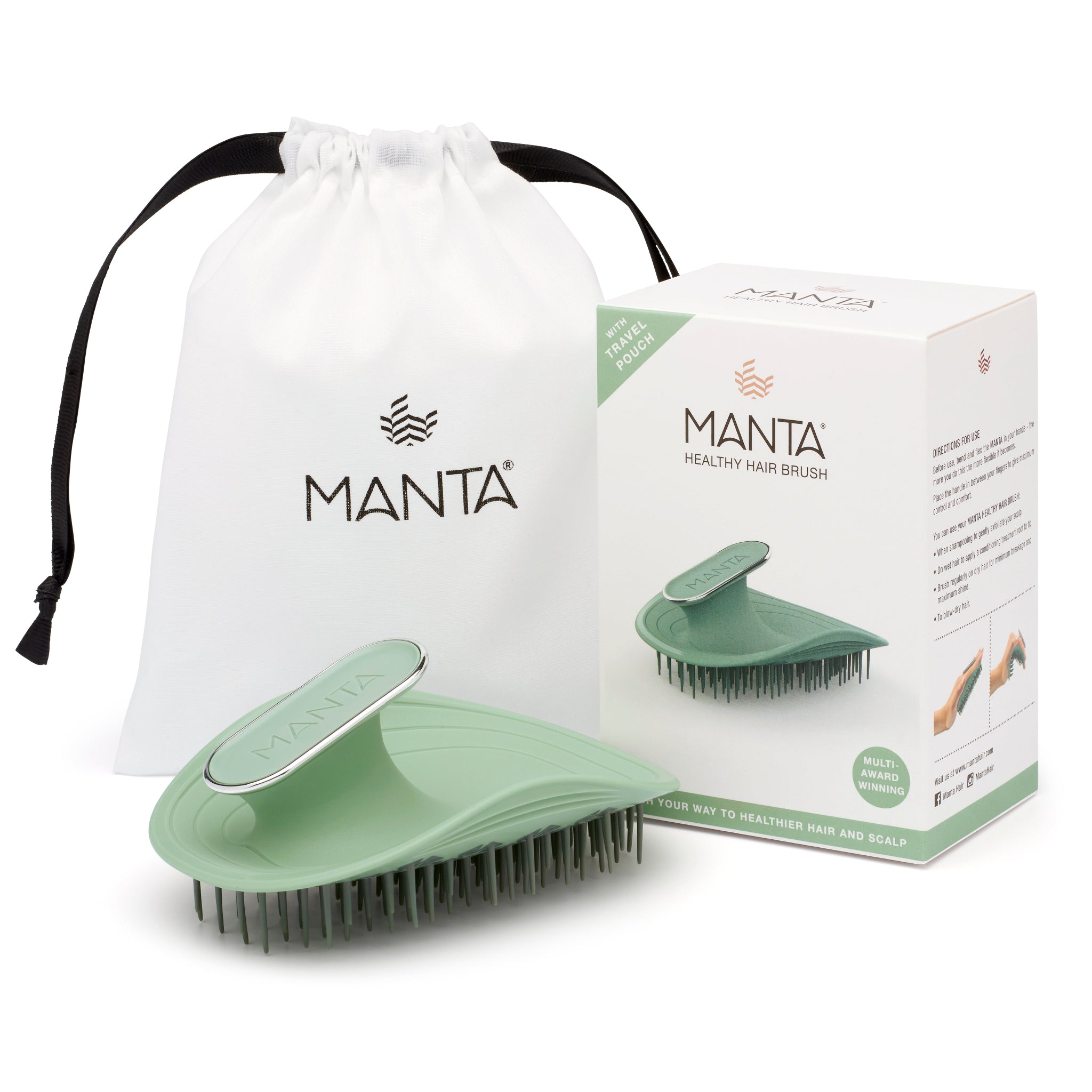 MANTA brush in green and white gold with packaging and storage bag. 