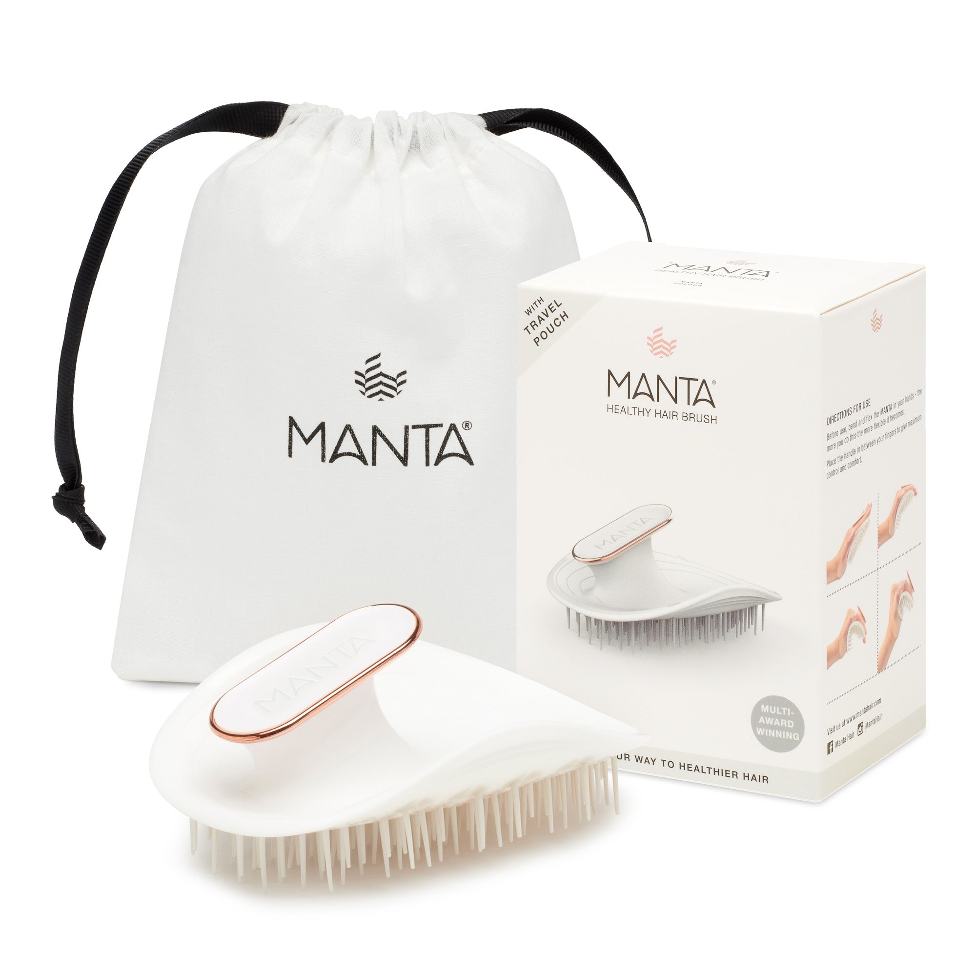 MANTA easy grip brush in white and rose gold, with packaging and storage bag. 
