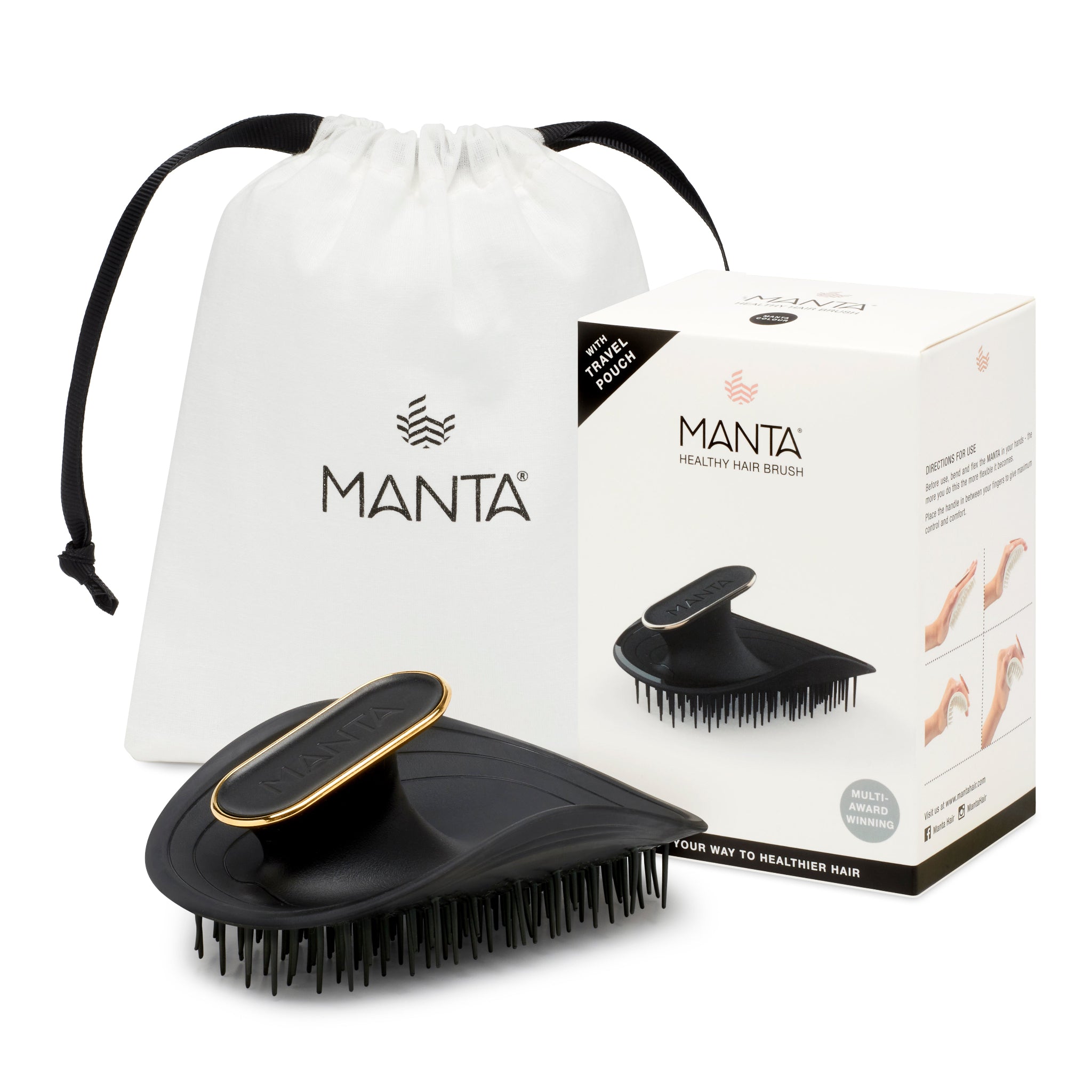Black hairbrush with Manta branded, packaging, and a white storage bag. 