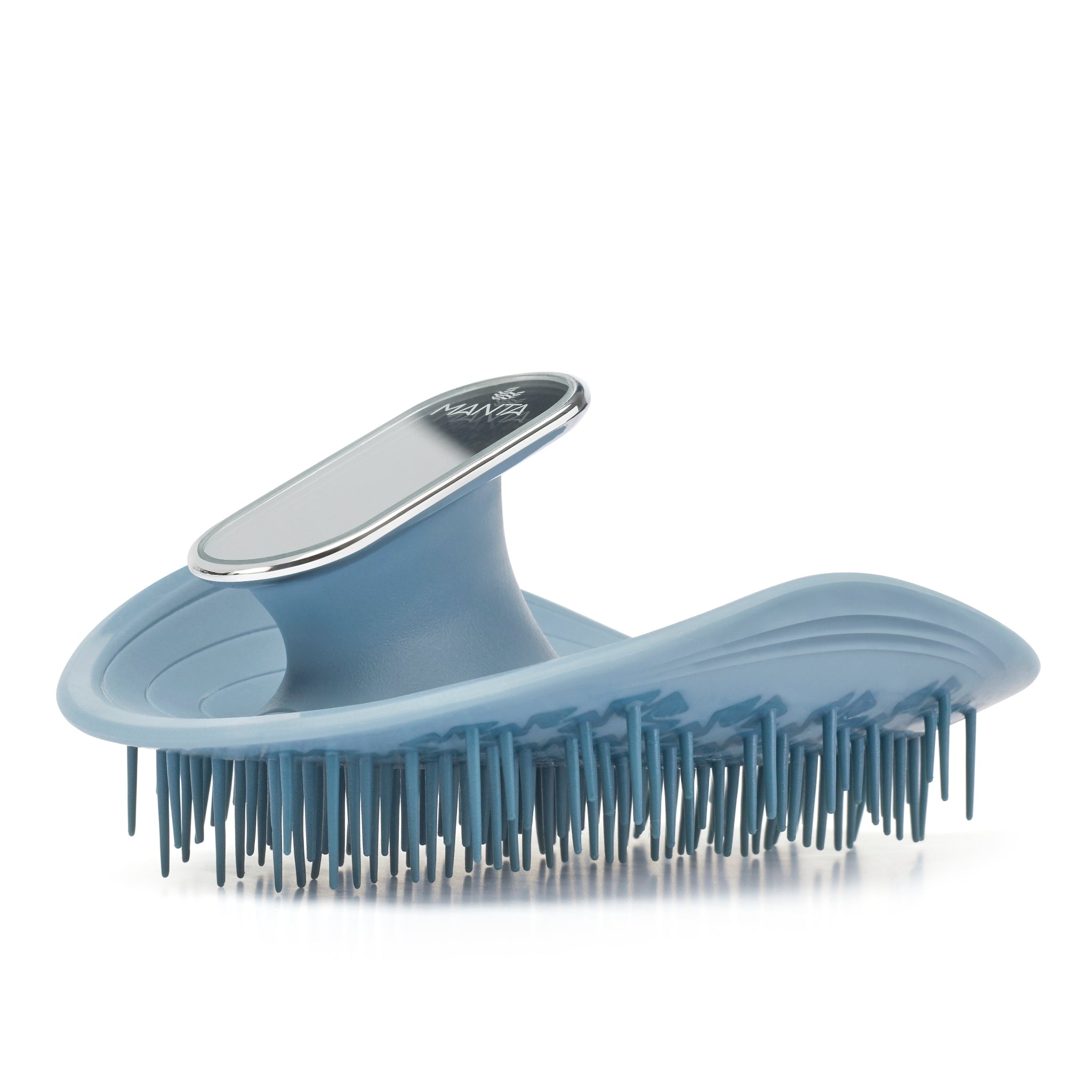 MANTA mirror travel hair brush in blue and white gold 