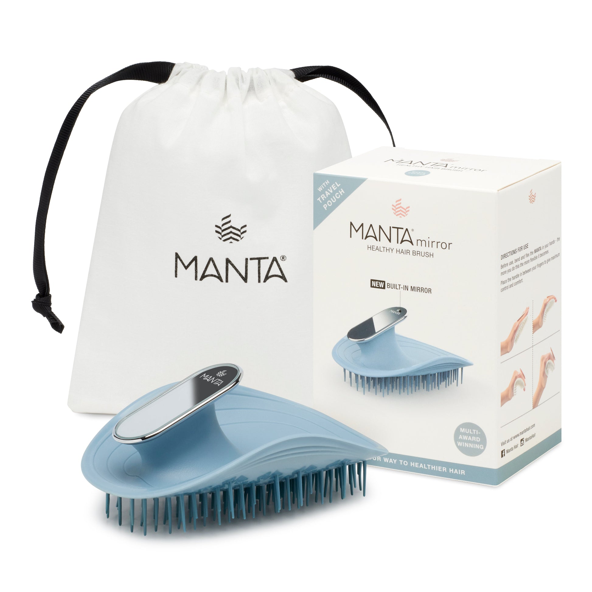 MANTA mirror travel brush in blue and white gold with packaging and storage bag. 