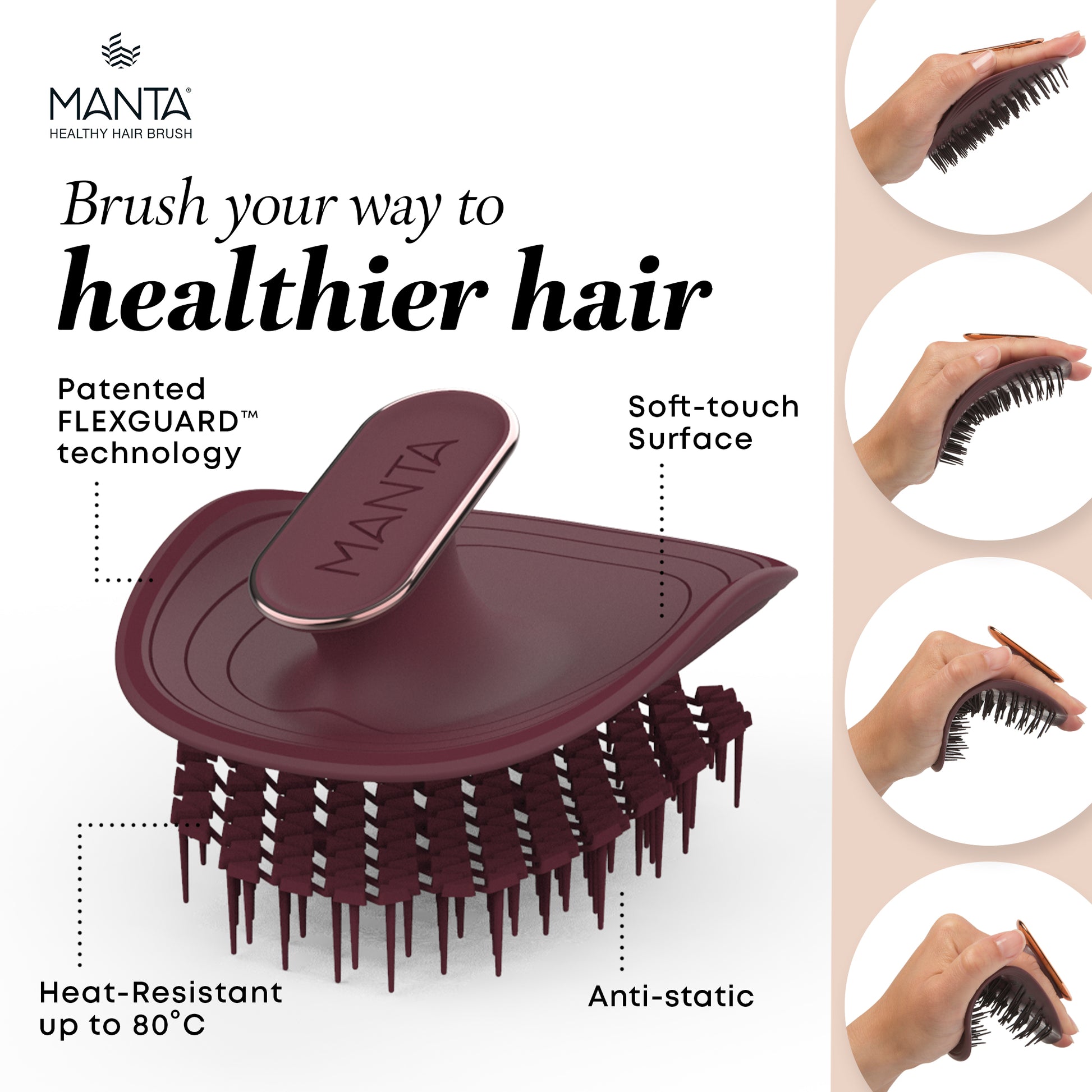 MANTA hairbrush with features highlighted on a white background