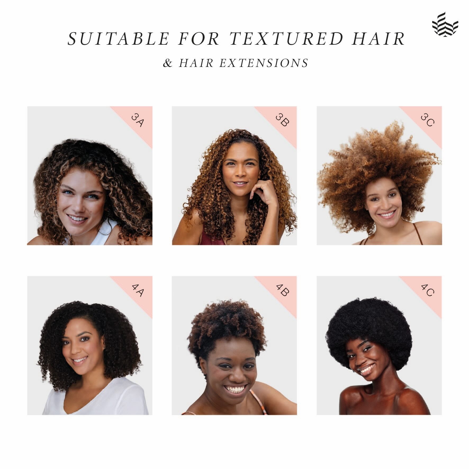 Six women with different hair types and textures on a white background. The MANTA curls detangling brush in amber orange is suitable for a range of hair types. 