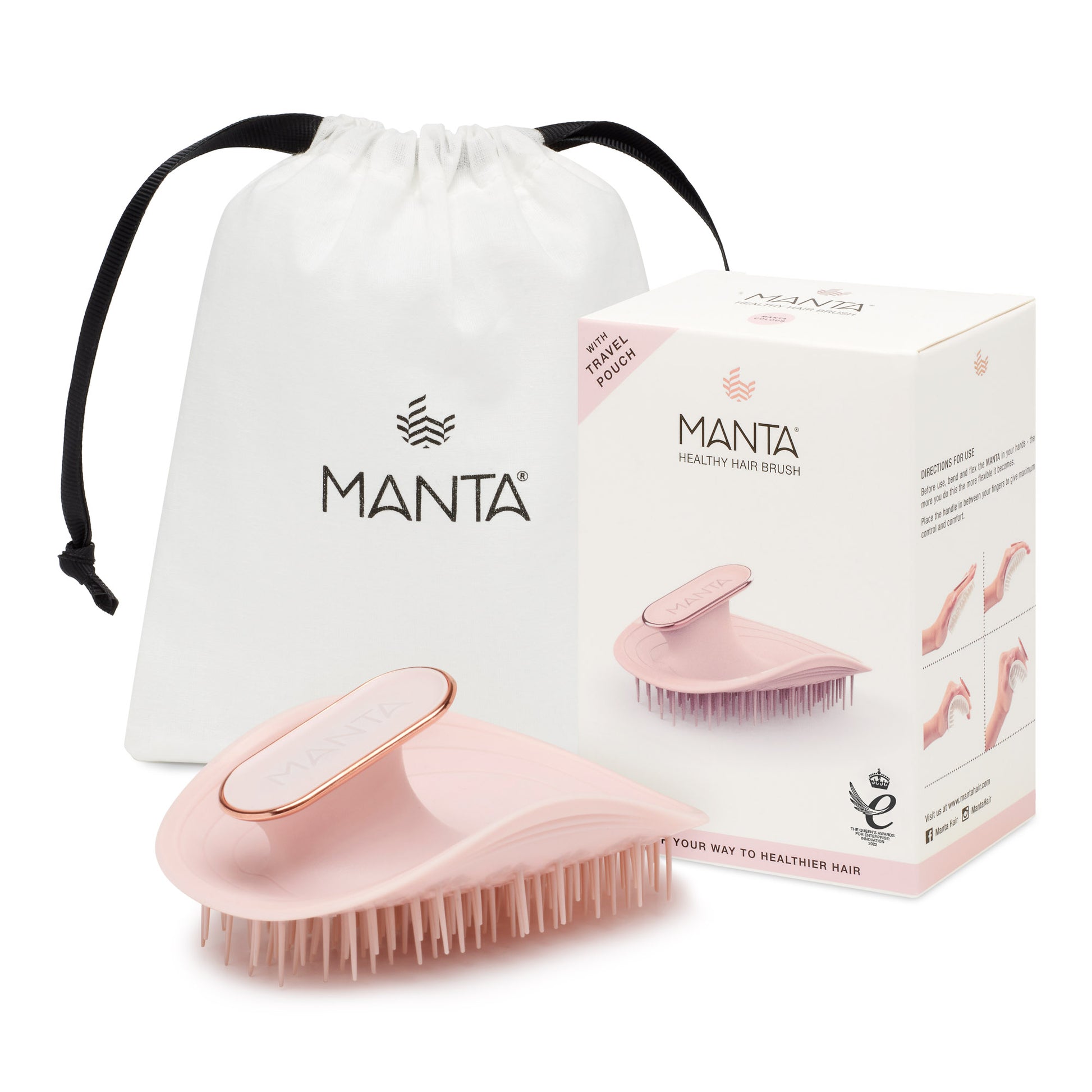 MANTA brush in pink and rose gold, with packaging and storage bag. 