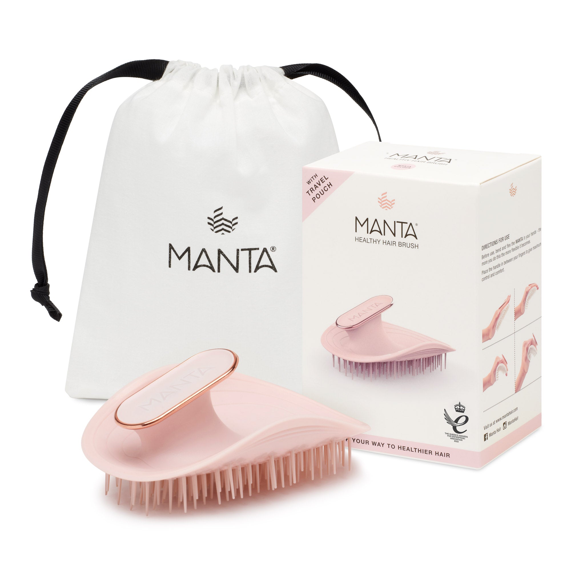 MANTA brush in pink and rose gold, with packaging and storage bag. 