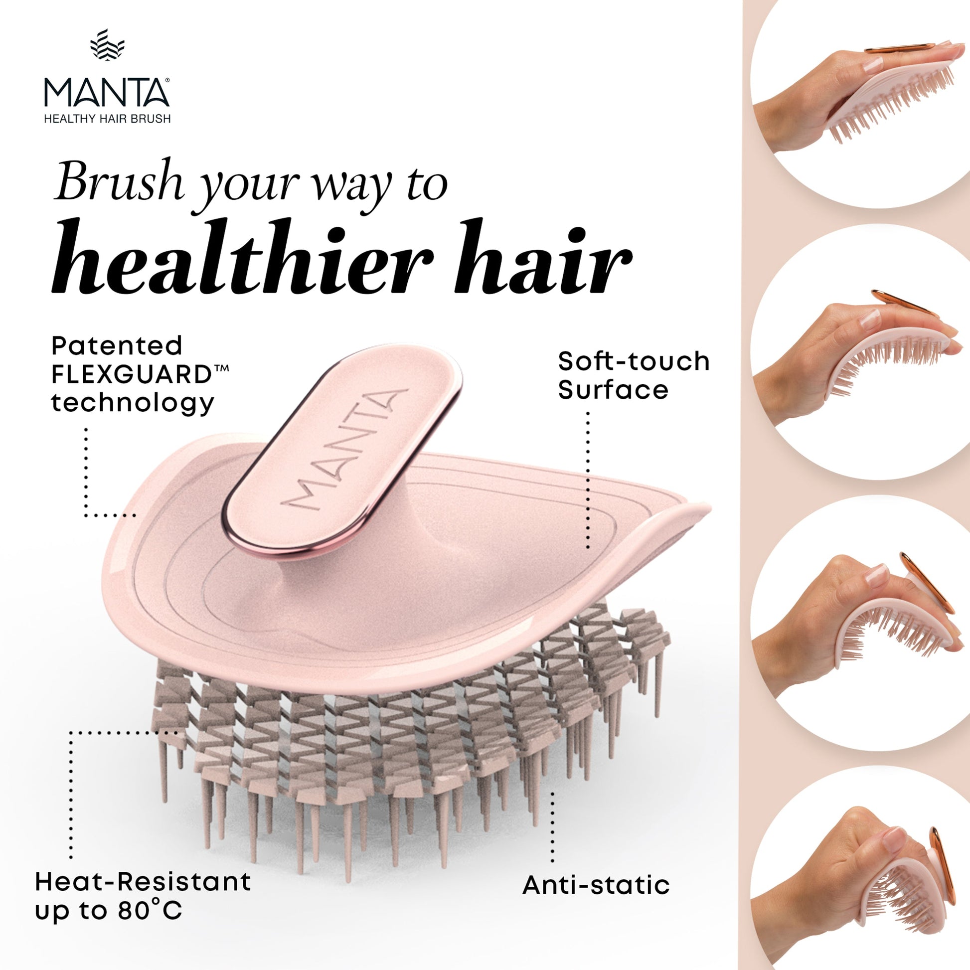 Manta hairbrush with features highlighted on a white background