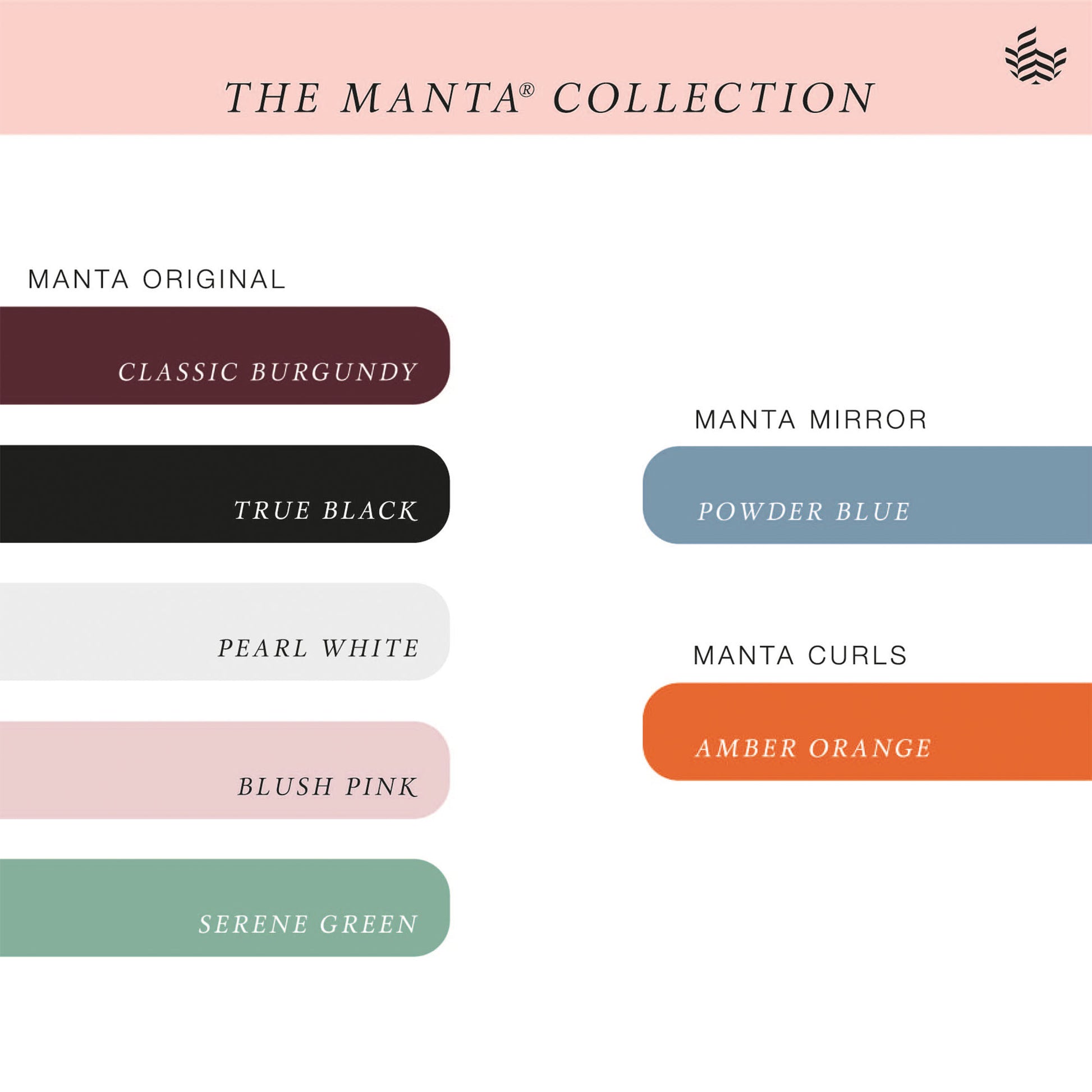 Colour swatches for The Manta hair brush collection.