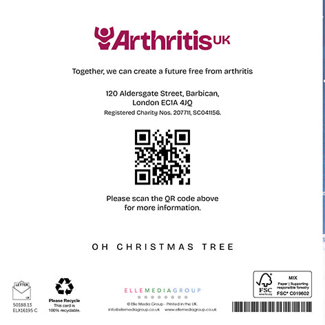 Back cover Arthritis UK Christmas card, including the phrase 'Together, we can create a future free from arthritis' and a QR code linking to arthritis-uk.org.