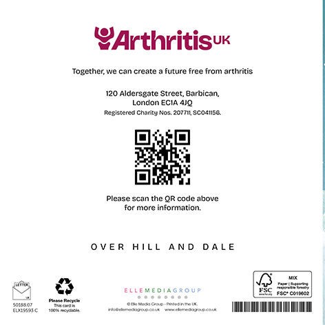 Back cover Arthritis UK Christmas card, including the phrase 'Together, we can create a future free from arthritis' and a QR code linking to arthritis-uk.org.
