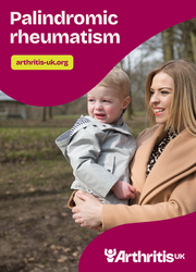Arthritis UK Palindromic rheumatism information booklet cover, featuring a woman holding a child. 