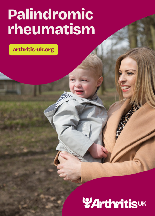 Arthritis UK Palindromic rheumatism information booklet cover, featuring a woman holding a child. 