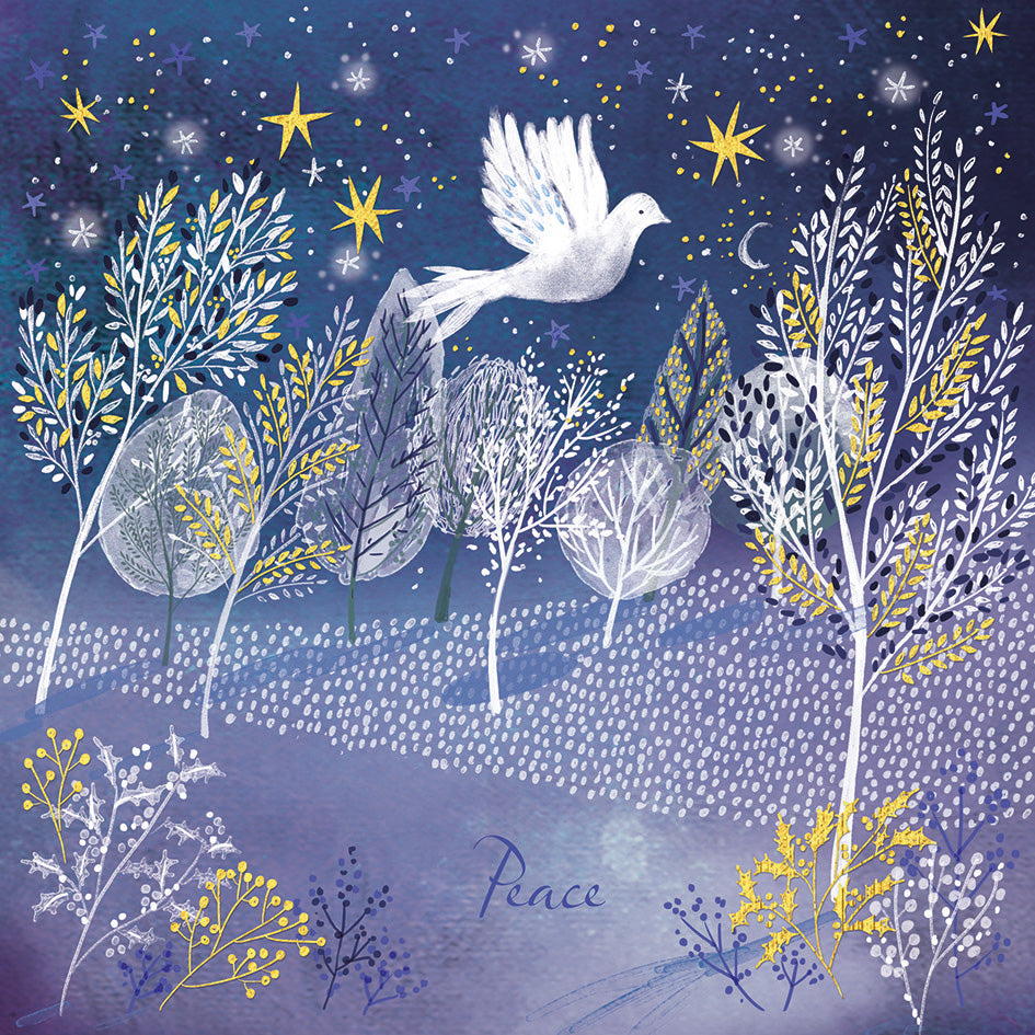 Front cover of the Arthritis UK Christmas Card 'Peaceful Night' featuring a dove flying through a blue moonlit forest with golden details, and the text 'peace', in a cursive script. 