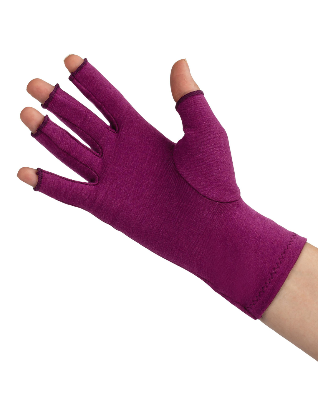 Grace and Able fingerless arthritis compression gloves in plum purple, shown being worn on one hand. 