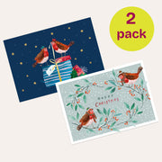 Two Christmas money wallet covers, both featuring festive robin designs. 
