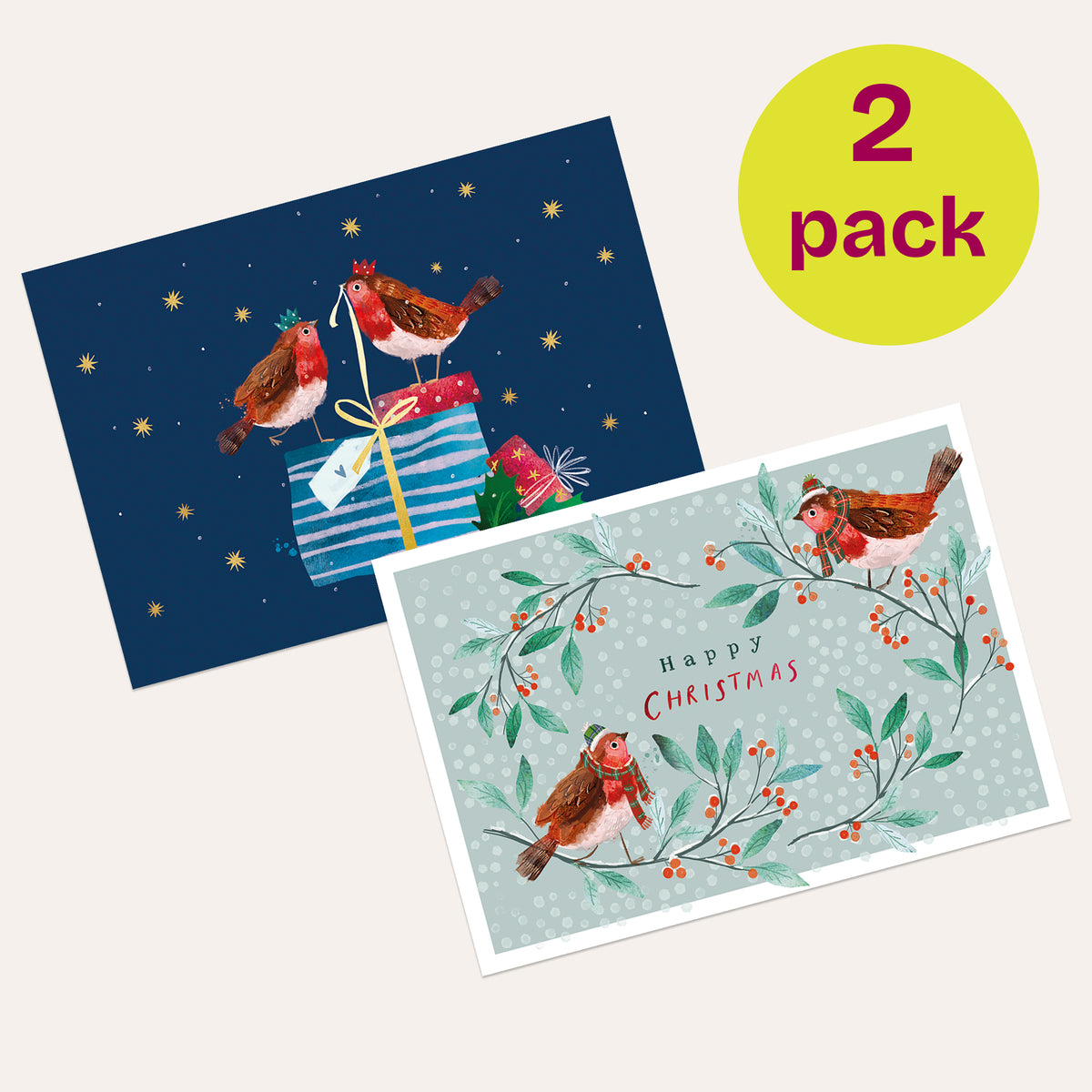 Two Christmas money wallet covers, both featuring festive robin designs. 