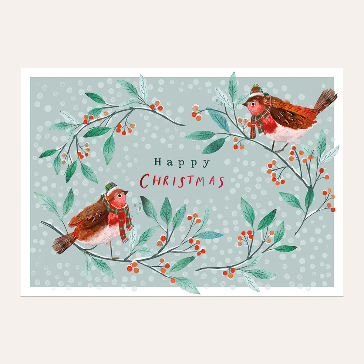Money Wallet front cover featuring two robins sat on a branch with red berries, and the text 'Happy Christmas'. 