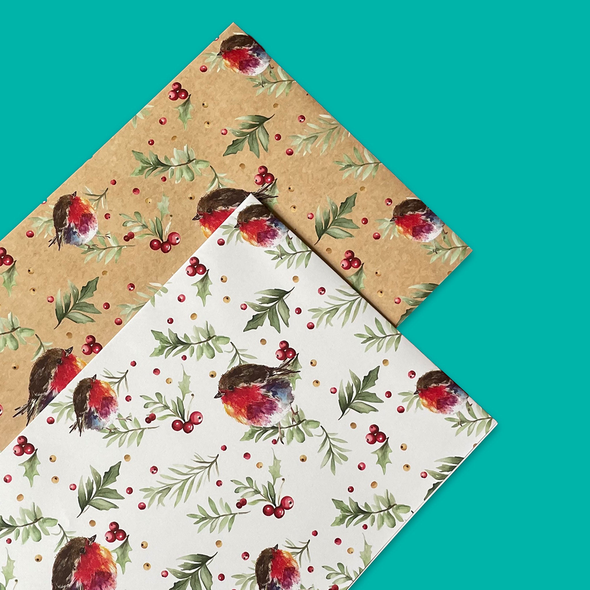 Pack of recyclable gift wrap with robins perched on branches, comprising two gift wraps and a set of eight tags.