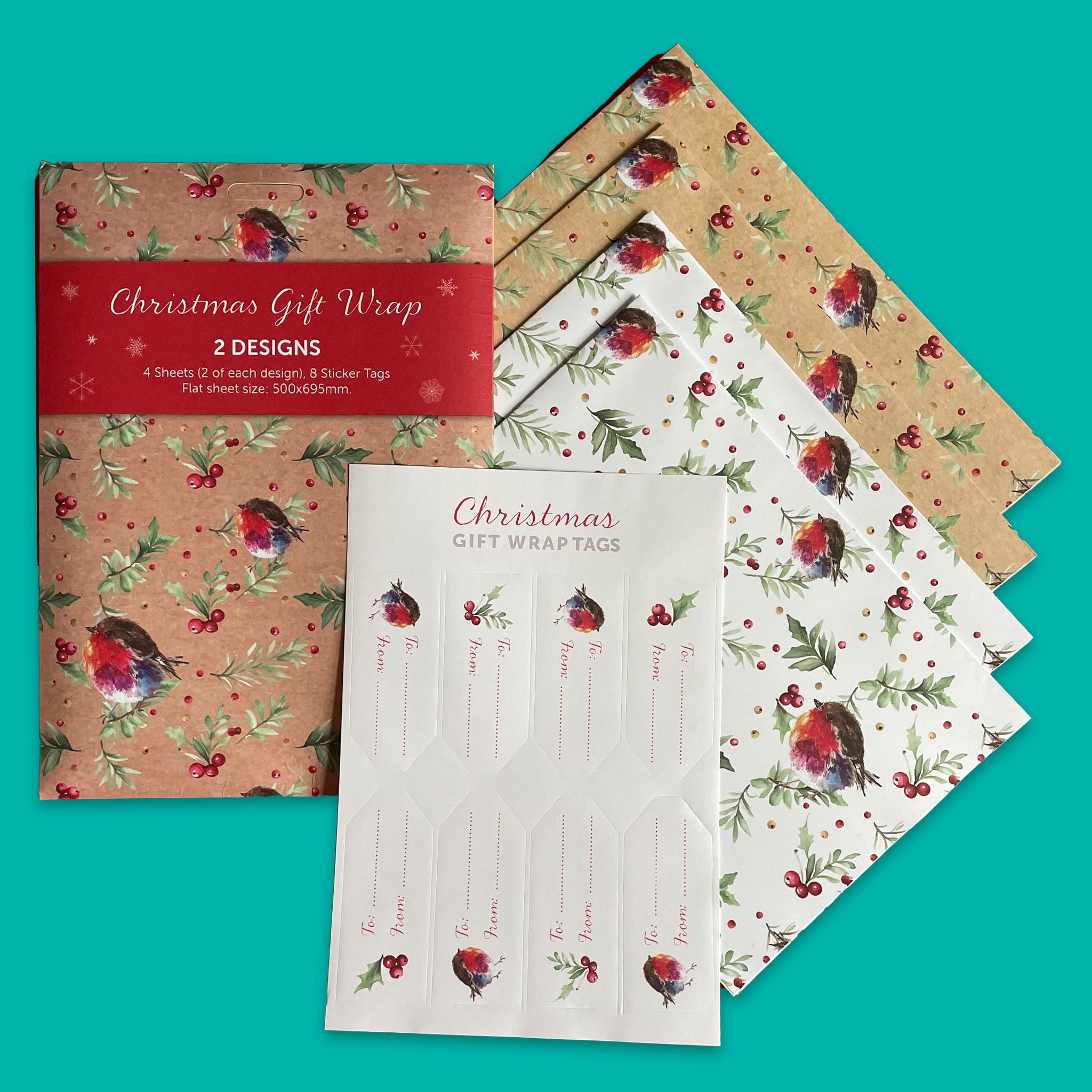 Sustainably recyclable gift wrap set decorated with robin illustrations on branches, with two sheets of wrap and eight tags.