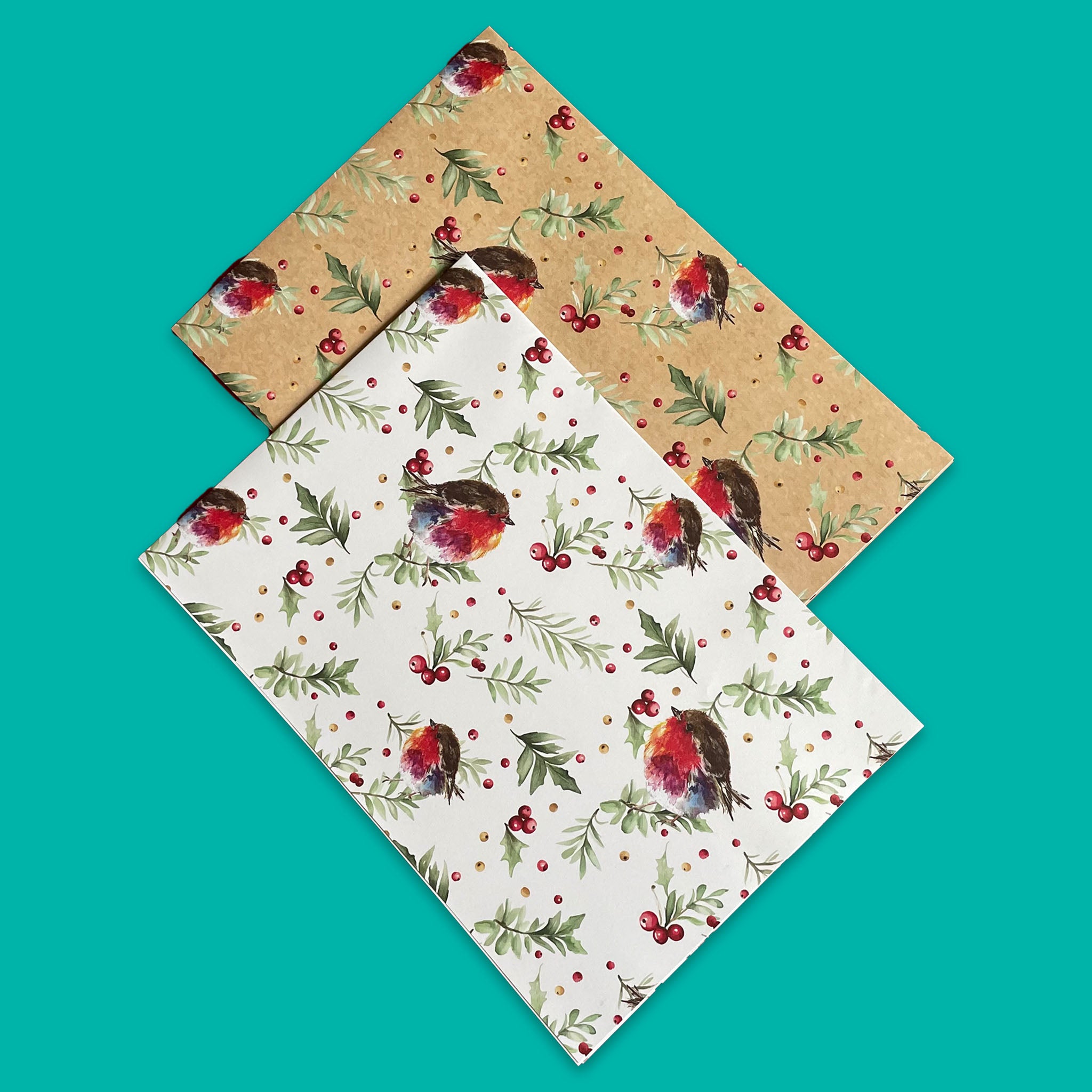 Eco-friendly, recyclable gift wrap featuring robin illustrations on branches, including two wrapping sheets and eight tags.