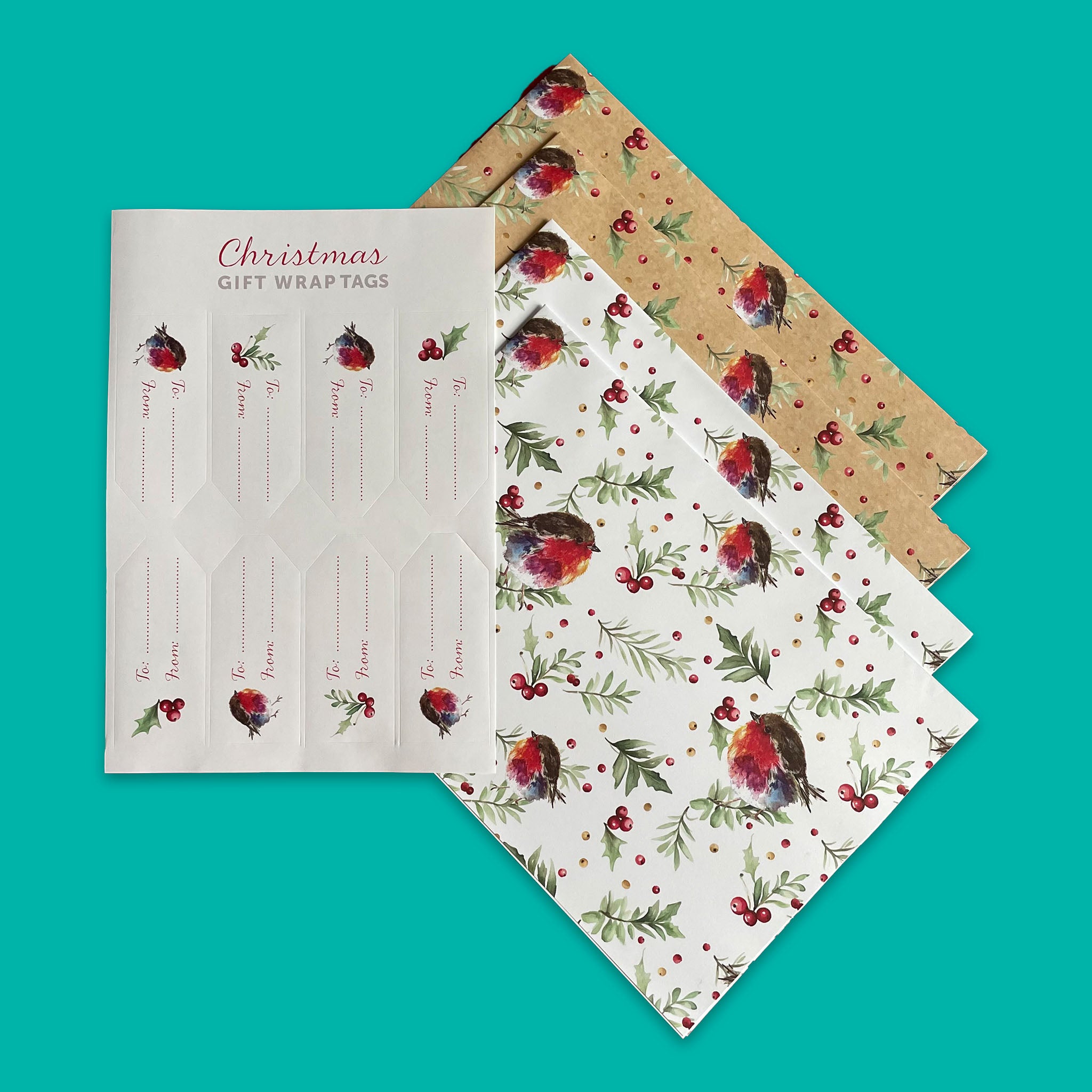 Pack of gift wrap with illustrations of robins sitting on branches, containing two gift wrap sheets and eight gift tags.