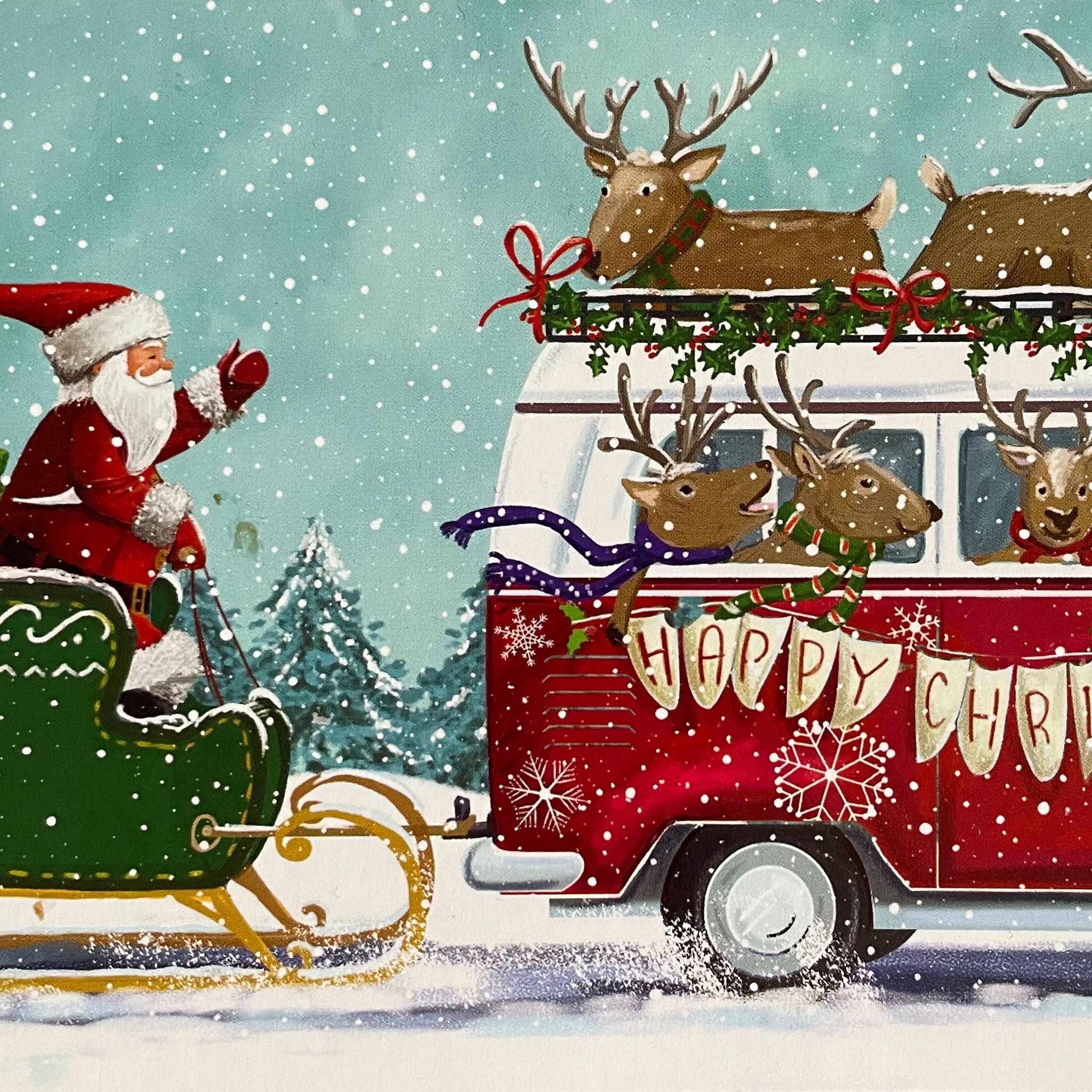 Rudolph to the Rescue money wallet card showing Santa’s sleigh being towed by reindeer in a campervan on a snowy background.