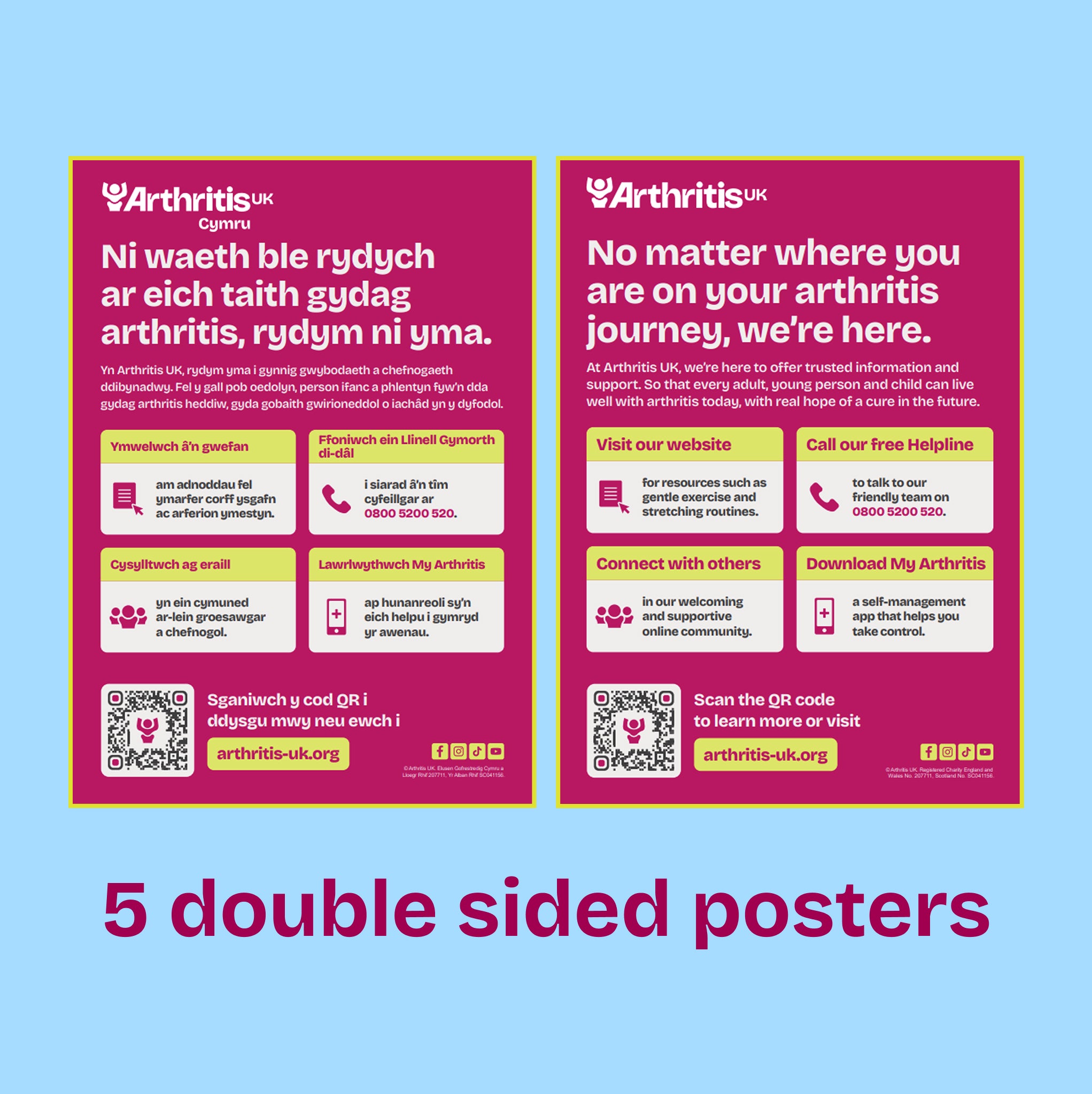 2 posters, one in Welsh and one in English, with signposts to types of support offered by Arthritis UK, 5 double sided posters. 