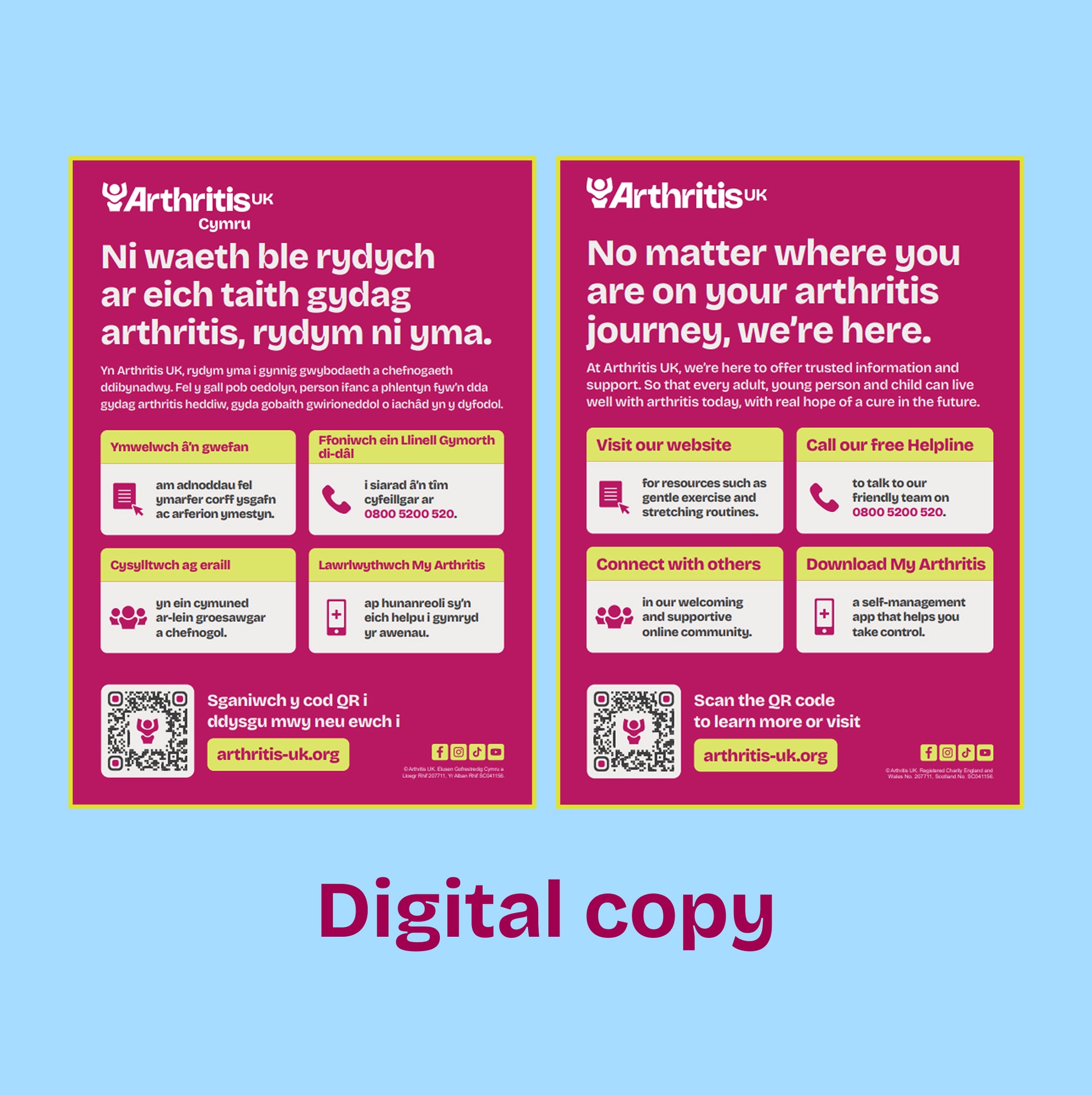 2 posters, one in Welsh and one in English, with signposts to types of support offered by Arthritis UK, digital copy. 
