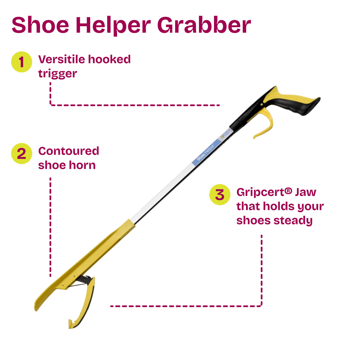 Shoe helper reacher grabber ;labelled diagram. Showing it's versatile hooked trigger, contoured shoe horn and steady jaw. 