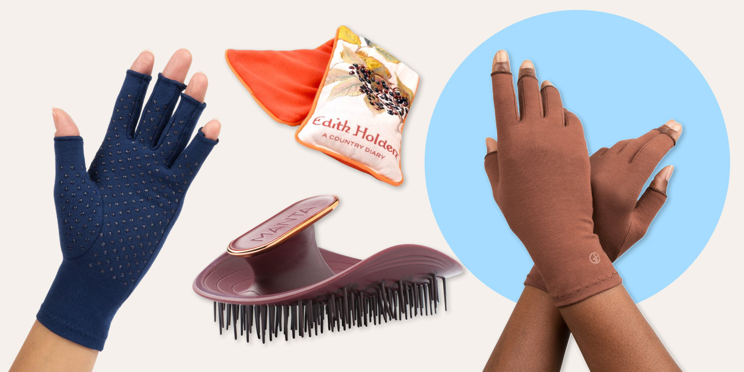 A range of gifts for people with arthritis, including grace and able extra grip and skin tone compression gloves, a manta easy grip hairbrush in burgundy, and an Edith Holden heat pack. 