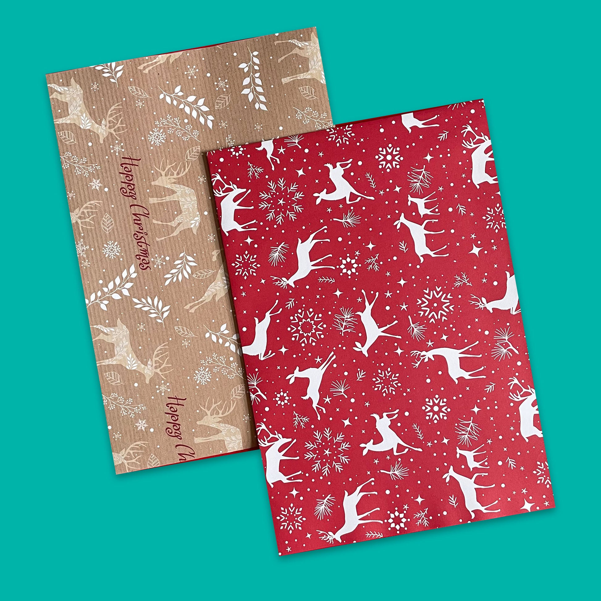 Recyclable gift wrap pack featuring stags on red and brown paper, with eight matching gift tags.
