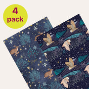 Two gift wraps featuring hares and owls in starlit fields. 