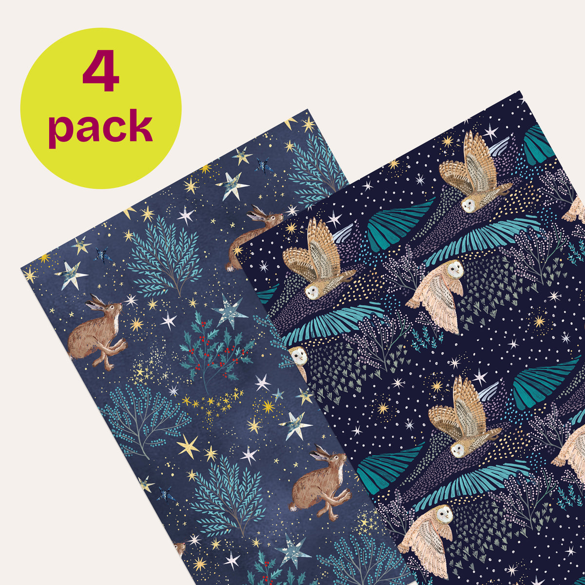 Two gift wraps featuring hares and owls in starlit fields. 